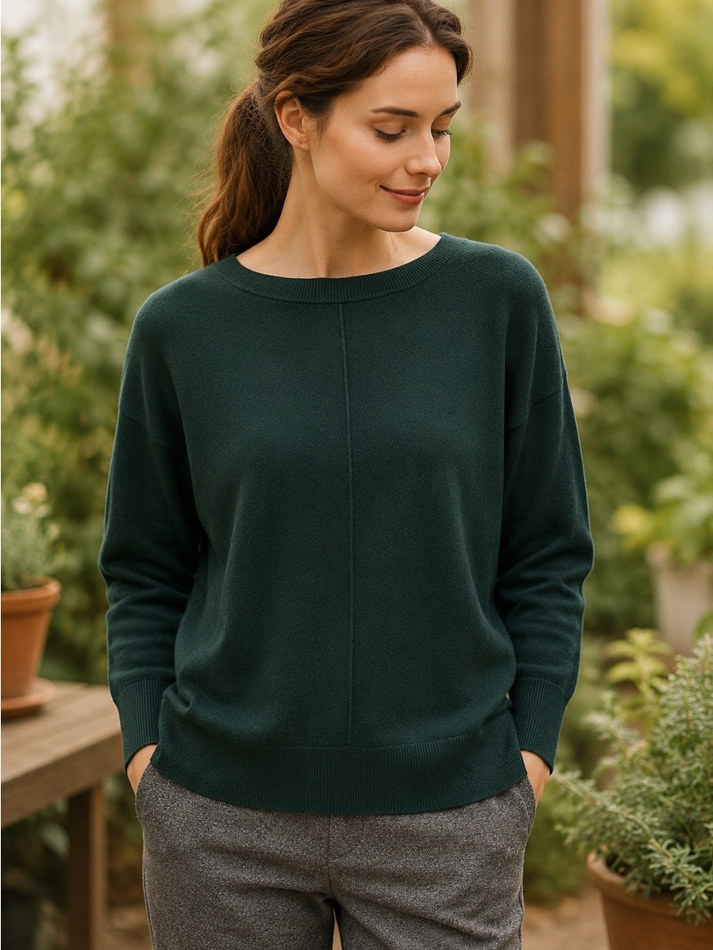 Jigsaw Cashmere Lambswool Blend Sweater XS Hunter Green Button Back
